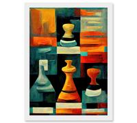 Chess Board And Pieces Modern Abstract Oil Artwork Framed Wall Art Print A4 Artery8 White One Size