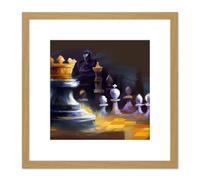 Chess Board Pieces Gold Crown King Abstract Painting Square Wooden Framed Wall Art Print Picture 8X8 Inch Artery8 Light Oak One Size