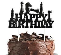 Chess Happy Birthday Cake Topper - Black Glitter Chess Cake Decoration for Chess Lovers & Players Birthday Cake Decor
