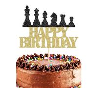 Chess Happy Birthday Cake Topper - Glitter Black Chess theme Birthday Cake Decorations, International Chess Cake Smash Decor