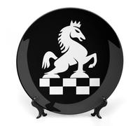 Chess Knight in Chess Board Printed Bone China Decorative Plate Ceramic Decorative Plate with Display Stand for Home Wall Decor