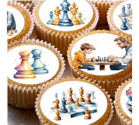Chess Pre-cut Edible Wafer Cupcake Toppers, Round Cake Decorations Toppers, Watercolour Chess Pieces Design x 24