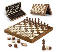 Chess Set and Checkers 16''x16'' - Wooden Magnetic Chess Board with 2 Extra Queen & Storage Slots, Folding Travel Chess Set, Educational Board Game Gift for Adults & Kids