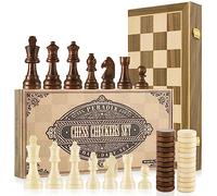 Chess Set and Draughts Board Games 2 in 1 Set | 15" Magnetic Foldable Wooden Chess Checkers Board | 2 Extral Queen | Educational Toy Set for Adults and Kids