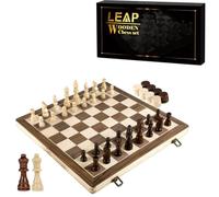 Chess Set Wooden 39cm Standard Pieces with Extra Queens Folding Board, Handmade Portable Travel Chess Board Game 2 in 1 Sets with Game Pieces Storage Slots for Beginner or Adult