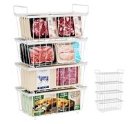 Chest Freezer Baskets 4 Pack, Stackable Freezer Storage Baskets for 198L Chest Freezer, Freezer Organiser with Handles Easily Sort and Get Frozen Foods, Allow Air Circulation, White