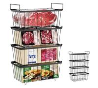 Chest Freezer Baskets 4 Pack, Stackable Freezer Storage Baskets for 198L Chest Freezer, Freezer Organiser with Handles Easily Sort and Get Frozen Foods, Allow Air Circulation, Black