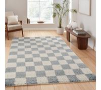 Chester Living Room Shaggy Area Rug Modern - Contemporary Checkered Design Desire Rugs Duck Egg Blue 120cm x 170cm