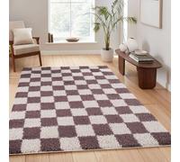 Chester Living Room Shaggy Area Rug Modern - Contemporary Checkered Design Desire Rugs Pale Lilac 200cm x 290cm