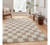 Chester Living Room Shaggy Area Rug Modern - Contemporary Checkered Design - Hallway Runner Indoor Rug Beige 160X230 Cm