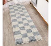 Desire Rugs Chester Living Room Shaggy Area Rug Modern - Contemporary Checkered Design in Duck Egg Blue | Size: 60 cm x 220 cm Desire Rugs Duck Egg Blue 60 cm x 220 cm