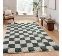 Chester Living Room Shaggy Area Rug Modern - Contemporary Checkered Design - Hallway Runner Indoor Rug Jade Green 200X290 Cm