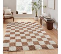 Chester Living Room Shaggy Area Rug Modern - Contemporary Checkered Design - Hallway Runner Indoor Rug Terracotta 120X170 Cm