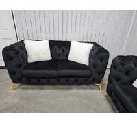 Chesterfield 2 Seater Black Velvet & Gold Legs