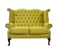 Chesterfield 2 Seater High Back Sofa Amalfi Buttercup Yellow Velvet Fabric In Queen Anne Style