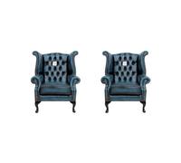 Chesterfield 2 X High Back Chairs Antique Blue Leather Bespoke In Queen Anne Style