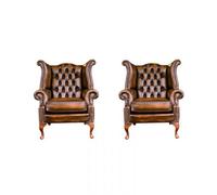 Chesterfield 2 X High Back Chairs Antique Gold Leather Bespoke In Queen Anne Style