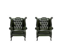 Chesterfield 2 X High Back Chairs Antique Green Leather Bespoke In Queen Anne Style