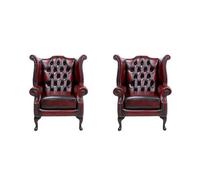 Chesterfield 2 X High Back Chairs Antique Oxblood Red Real Leather Bespoke In Queen Anne Style