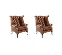 Chesterfield 2 X High Back Chairs Antique Tan Leather Bespoke In Queen Anne Style