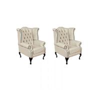 Chesterfield 2 X High Back Chairs Ivory Leather Bespoke In Queen Anne Style