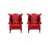 Chesterfield 2 X High Back Chairs Old English Gamay Red Leather Bespoke In Queen Anne Style
