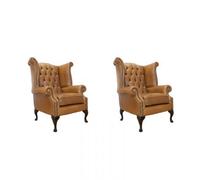 Chesterfield 2 X High Back Chairs Old English Tan Leather Bespoke In Queen Anne Style