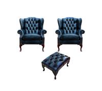 Chesterfield 2 X Wing Chair + Footstool Antique Blue Leather In Mallory Style
