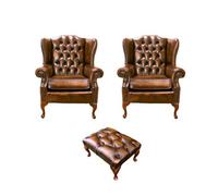 Chesterfield 2 X Wing Chair + Footstool Antique Gold Leather In Mallory Style