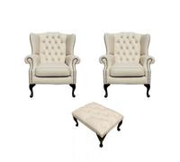 Chesterfield 2 X Wing Chair + Footstool Cottonseed Cream Leather In Mallory Style