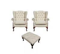 Chesterfield 2 X Wing Chair + Footstool Ivory Leather In Mallory Style