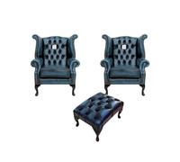 Chesterfield 2 X Wing Chairs + Footstool Antique Blue Leather In Queen Anne Style