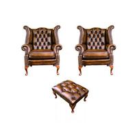 Chesterfield 2 X Wing Chairs + Footstool Antique Gold Leather In Queen Anne Style