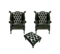 Chesterfield 2 X Wing Chairs + Footstool Antique Green Leather In Queen Anne Style