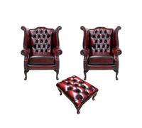 Chesterfield 2 X Wing Chairs + Footstool Antique Oxblood Leather In Queen Anne Style