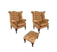 Chesterfield 2 X Wing Chairs + Footstool Harmony Gold Velvet In Queen Anne Style