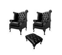 Chesterfield 2 X Wing Chairs + Footstool Old English Black Leather In Queen Anne Style