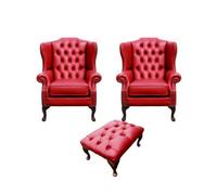 Chesterfield 2 X Wing Chairs + Footstool Old English Gamay Red Leather In Mallory Style