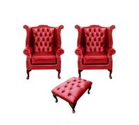 Chesterfield 2 X Wing Chairs + Footstool Old English Gamay Red Leather In Queen Anne Style