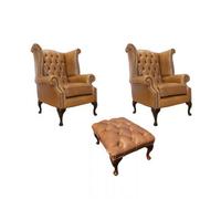 Chesterfield 2 X Wing Chairs + Footstool Old English Tan Leather In Queen Anne Style