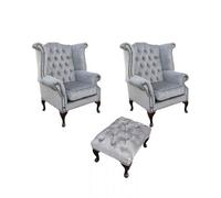 Chesterfield 2 X Wing Chairs + Footstool Perla Illusions Grey Velvet In Queen Anne Style