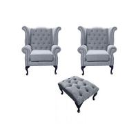 Chesterfield 2 X Wing Chairs + Footstool Verity Plain Steel Fabric In Queen Anne Style