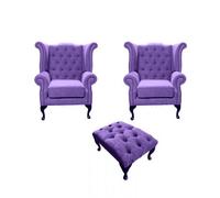 Chesterfield 2 X Wing Chairs + Footstool Verity Purple Fabric In Queen Anne Style