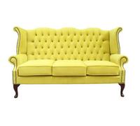 Chesterfield 3 Seater High Back Sofa Amalfi Buttercup Yellow Velvet Fabric In Queen Anne Style