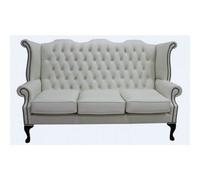 Chesterfield 3 Seater High Back Wing Sofa Shelly White Leather In Queen Anne Style