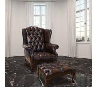 Chesterfield Buttoned Seat High Back Chair + Footstool Antique Brown Leather In Mallory Style