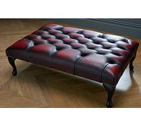 Chesterfield Company Large Chesterfield Leather Footstool Coffee Table Antique Oxblood Red | Button Tufted Ottoman Bench with Queen Anne Legs | 90 x 70 x 32cm