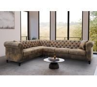 Chesterfield Corner Sofa With Wooden Feet In Faux Leather Suede Brown 2C3 Sofa