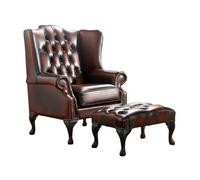 Chesterfield Flat Wing Chair + Footstool Antique Light Rust Leather In Mallory Style