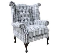 Chesterfield High Back Armchair Piazza Grey Check Fabric In Queen Anne Style